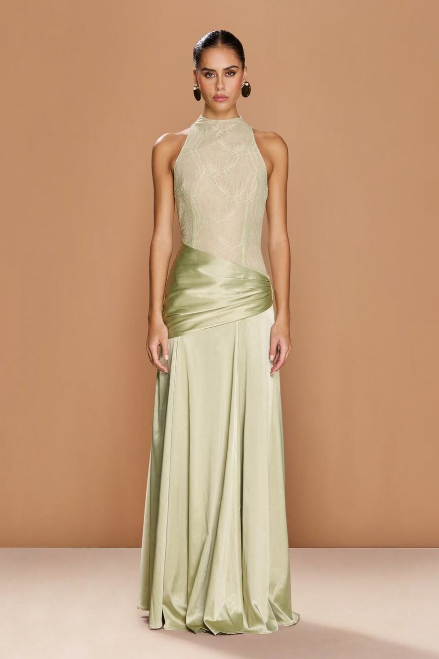 Sonya Moda Dalia Gown Sage Green Lace Halter Mermaid Maxi Dress Size XS